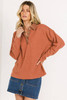 Gold Flame Solid Color Long Sleeve Thermal Knit Polo Collar Patchwork Top