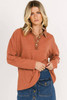 Gold Flame Solid Color Long Sleeve Thermal Knit Polo Collar Patchwork Top