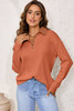 Gold Flame Solid Color Long Sleeve Thermal Knit Polo Collar Patchwork Top