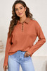 Gold Flame Solid Color Long Sleeve Thermal Knit Polo Collar Patchwork Top