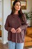 Dark Brown Waffle Knit Patchwork Long Sleeve Loose Top