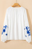 White Floral Embroidered Drawstring V Neck Blouse