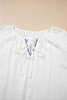 White Floral Embroidered Drawstring V Neck Blouse