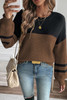Dark Brown Color Block Knit Striped Sleeve Detail Casual Sweater