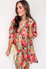 Green Floral Print Frilled Collar V Neck Half Sleeve Mini Dress