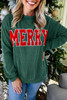 Evergreen Twisted Rib Outlined Merry Letter Graphic Loose Long Sleeve Top