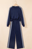 Dirty blue Varsity Striped Detail Crewneck Pullover Elastic Sweatpants 2pcs Outfit