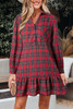 Red Plaid Shirt Collar Half Button Ruffle Hem Long Sleeve Mini Dress