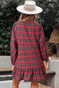 Red Plaid Shirt Collar Half Button Ruffle Hem Long Sleeve Mini Dress