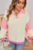 Pink Stripe Contrast Polo Collar Drop Shoulder Patchwork Plus Size Pullover