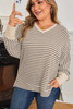 Khaki Stripe Textured Dolman Sleeve High Low Plus Size Top