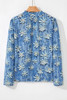 Sky Blue Fall Floral Half Placket Collared V Neck Blouse