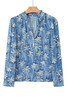 Sky Blue Fall Floral Half Placket Collared V Neck Blouse