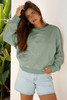 Smoke Green Raw Edge Flower Patch Drop Shoulder Casual Top