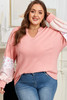 Pink Floral Sleeve Patchwork Waffle Knit Notched V Neck Plus Size Top