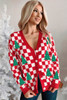 Red Checkered Christmas Tree Pattern Button V Neck Cardigan Sweater