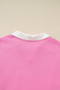 Pink Plus Size Contrast Polo Collar Floral Patchwork Elastic Cuffs Long Sleeve Top