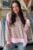 Pink Exposed Seam Color Block Striped Patchwork Loose Henley Sweatshirt