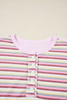 Pink Exposed Seam Color Block Striped Patchwork Loose Henley Sweatshirt