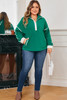 Dark Green Half Zip Contrast Trim Pocketed Plus Size Fleece Sweatshirt