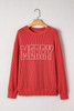 Fiery Red Twisted Rib Outlined Merry Letter Graphic Loose Long Sleeve Top