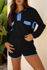 Black Color Block Patchwork Half Button Pullover and Shorts 2pcs Outfit