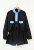 Black Color Block Patchwork Half Button Pullover and Shorts 2pcs Outfit