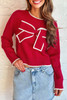 Fiery Red Contrast Trim Big Bow Accent Holiday Cropped Sweater