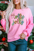 Pink Holly Jolly Sequin Letter Graphic Drop Shoulder Patchwork Long Sleeve Top