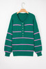 Green Stripe Half Buttons Drop Shoulder Plus Size Sweater