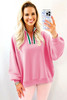 Sachet Pink Contrast Striped Patchwork Zip Collar Pullover Sweatshirt