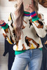 Apricot Contrast Ribbed Stripes Detail Animal Pattern Knit Sweater