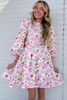 Pink Floral Print Striped Trim Frilled Neck 3/4 Sleeve Flared Mini Dress Pink Floral Print Striped Trim Frilled Neck 3/4 Sleeve Flared Mini Dress
