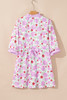 Pink Floral Print Striped Trim Frilled Neck 3/4 Sleeve Flared Mini Dress Pink Floral Print Striped Trim Frilled Neck 3/4 Sleeve Flared Mini Dress