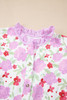Pink Floral Print Striped Trim Frilled Neck 3/4 Sleeve Flared Mini Dress Pink Floral Print Striped Trim Frilled Neck 3/4 Sleeve Flared Mini Dress