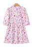 Pink Floral Print Striped Trim Frilled Neck 3/4 Sleeve Flared Mini Dress Pink Floral Print Striped Trim Frilled Neck 3/4 Sleeve Flared Mini Dress