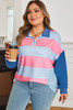 Blue Stripe Colorblock Patchwork Zip up Plus Size Pullover