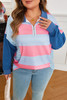 Blue Stripe Colorblock Patchwork Zip up Plus Size Pullover