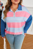 Blue Stripe Colorblock Patchwork Zip up Plus Size Pullover