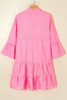 Pink Stripe Flare Sleeve Half Placket Tiered Flowy Mini Dress Pink Stripe Flare Sleeve Half Placket Tiered Flowy Mini Dress