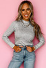 Gray Stripe Ribbed High Neck Slim Fit Long Sleeve Top