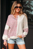 Pink Stripe Stitched Detail Color Block Patchwork Oversized Pullover Top
