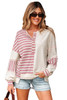 Pink Stripe Stitched Detail Color Block Patchwork Oversized Pullover Top