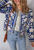 Blue Flower Print Open Front Buttoned Cuffs Elegant Jacket
