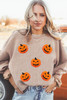 Apricot Twisted Rib Texture Chenille Halloween Pumpkin Patched Drop Shoulder Sweatshirt