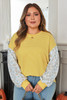 Yellow Stripe Striped Contrast Floral Sleeve Patchwork Plus Size Loose Top