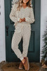 White Polka Dot Print Notched Neck Long Sleeve Top Drawstring Jogger Pants Waffle Knit Lounge Set