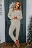 White Polka Dot Print Notched Neck Long Sleeve Top Drawstring Jogger Pants Waffle Knit Lounge Set