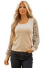 Apricot Leopard Sleeve Patchwork Ribbed Knit U Neck Top