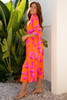 Orange Floral Print Frilly Smocked V Neck 3/4 Sleeve Long Dress Orange Floral Print Frilly Smocked V Neck 3/4 Sleeve Long Dress
